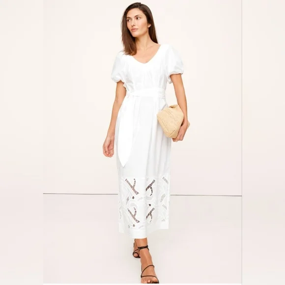 Banana Republic White V Neck Embroided Midi Dress Small Womens